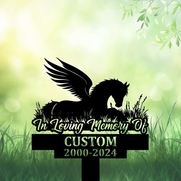 DINOZOZOCOM Personalized Memorial Garden Stakes, Pony Horse with Wings Sleeping on Grass Grave Marker, Loss of Pony Horse, Sympathy Gifts, Pony Horse Cemetary Decor