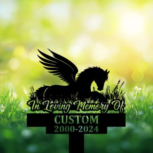 DINOZOZOCOM Personalized Memorial Garden Stakes Pony Horse with Wings Sleeping on Grass Grave Marker Loss of Pony Horse Sympathy Gifts Pony Horse Cemetary Decor 3