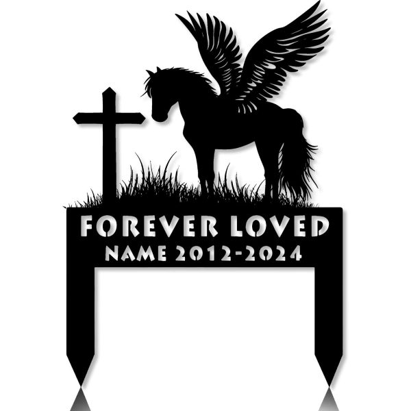 DINOZOZOCOM Personalized Memorial Garden Stakes, Pony Horse with Wings Standing Beside a Cross Grave Marker, Loss of Pony Horse, Sympathy Gifts, Pony Horse Cemetary Decor