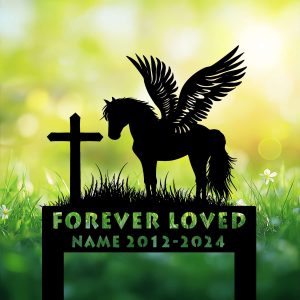 DINOZOZOCOM Personalized Memorial Garden Stakes, Pony Horse with Wings Standing Beside a Cross Grave Marker, Loss of Pony Horse, Sympathy Gifts, Pony Horse Cemetary Decor