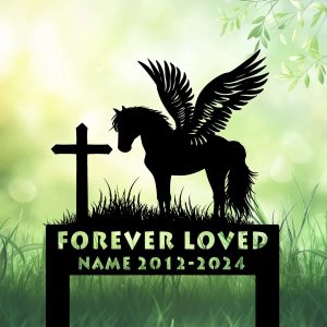 DINOZOZOCOM Personalized Memorial Garden Stakes Pony Horse with Wings Standing Beside a Cross Grave Marker Loss of Pony Horse Sympathy Gifts Pony Horse Cemetary Decor 3