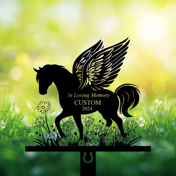 DINOZOZOCOM Personalized Memorial Garden Stakes, Pony Horse with Wings Standing on Daisy Flowers Grave Marker, Loss of Pony Horse, Sympathy Gifts, Pony Horse Cemetary Decor