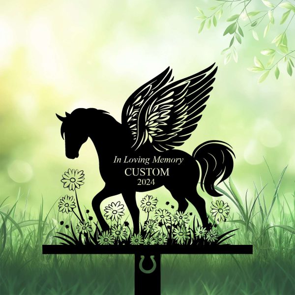 DINOZOZOCOM Personalized Memorial Garden Stakes, Pony Horse with Wings Standing on Daisy Flowers Grave Marker, Loss of Pony Horse, Sympathy Gifts, Pony Horse Cemetary Decor