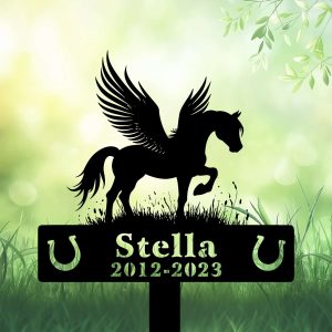 DINOZOZOCOM Personalized Memorial Garden Stakes, Pony Horse with Wings Standing on Grass Grave Marker, Loss of Pony Horse, Sympathy Gifts, Pony Horse Cemetary Decor