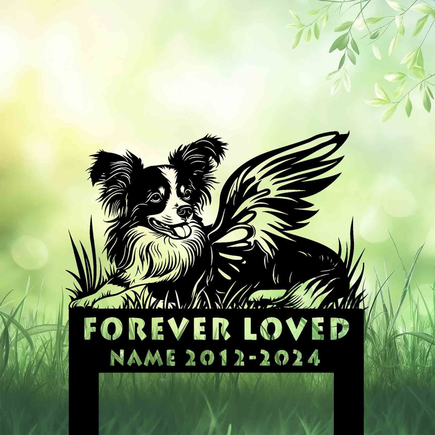 Personalized Angel Papillon Dog Grave Marker – Dog Lying in Grass with Wings and Halo by DINOZOZO
