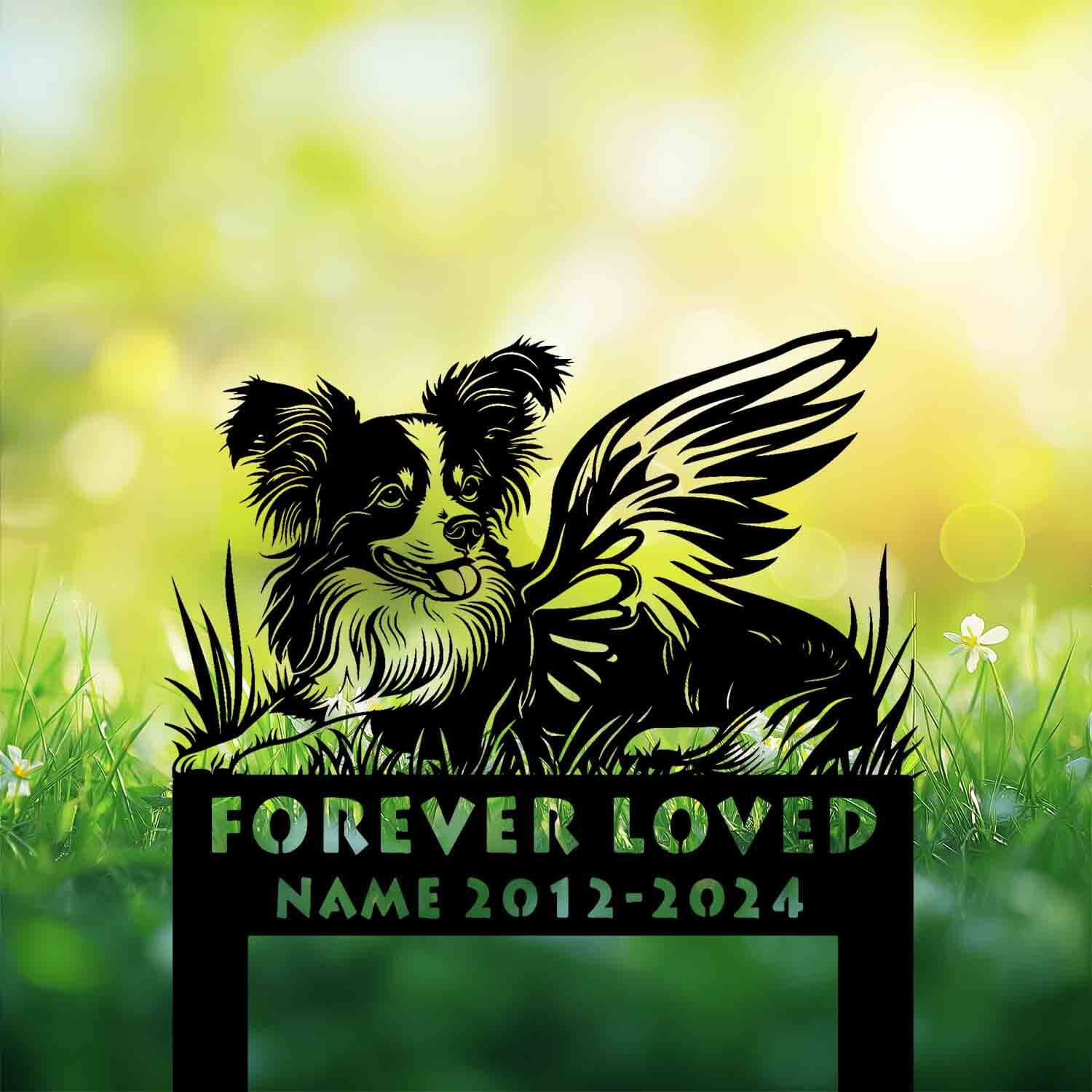 Angel Papillon silhouette memorial sign with halo and butterfly wings – pet loss tribute