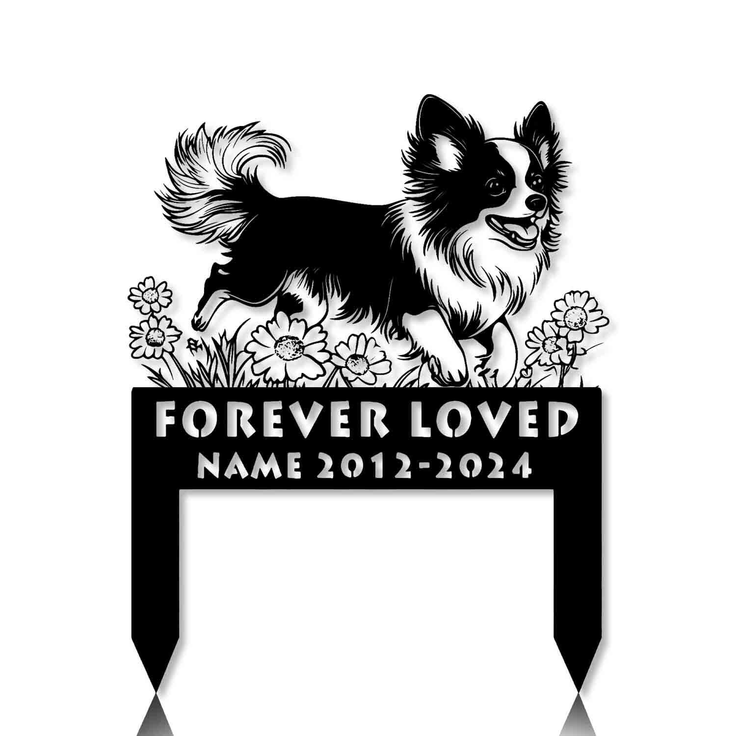 Laser-cut Papillon dog memorial sign in copper finish – cemetery garden decor
