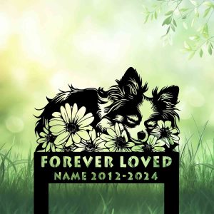 Personalized Papillon Dog Grave Marker – Custom Sleeping Dog on Flowers Memorial Stake for Pet Loss Tribute | DINOZOZO