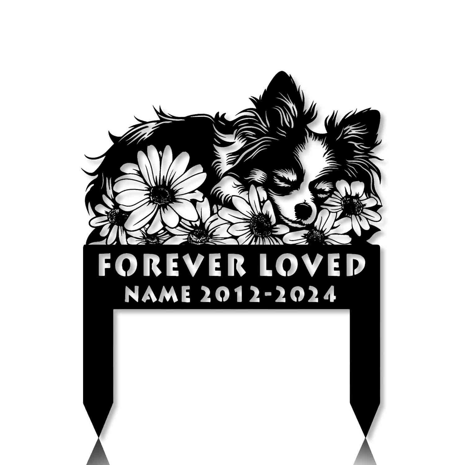 personalized papillon dog sleeping on flowers grass grave marker 2