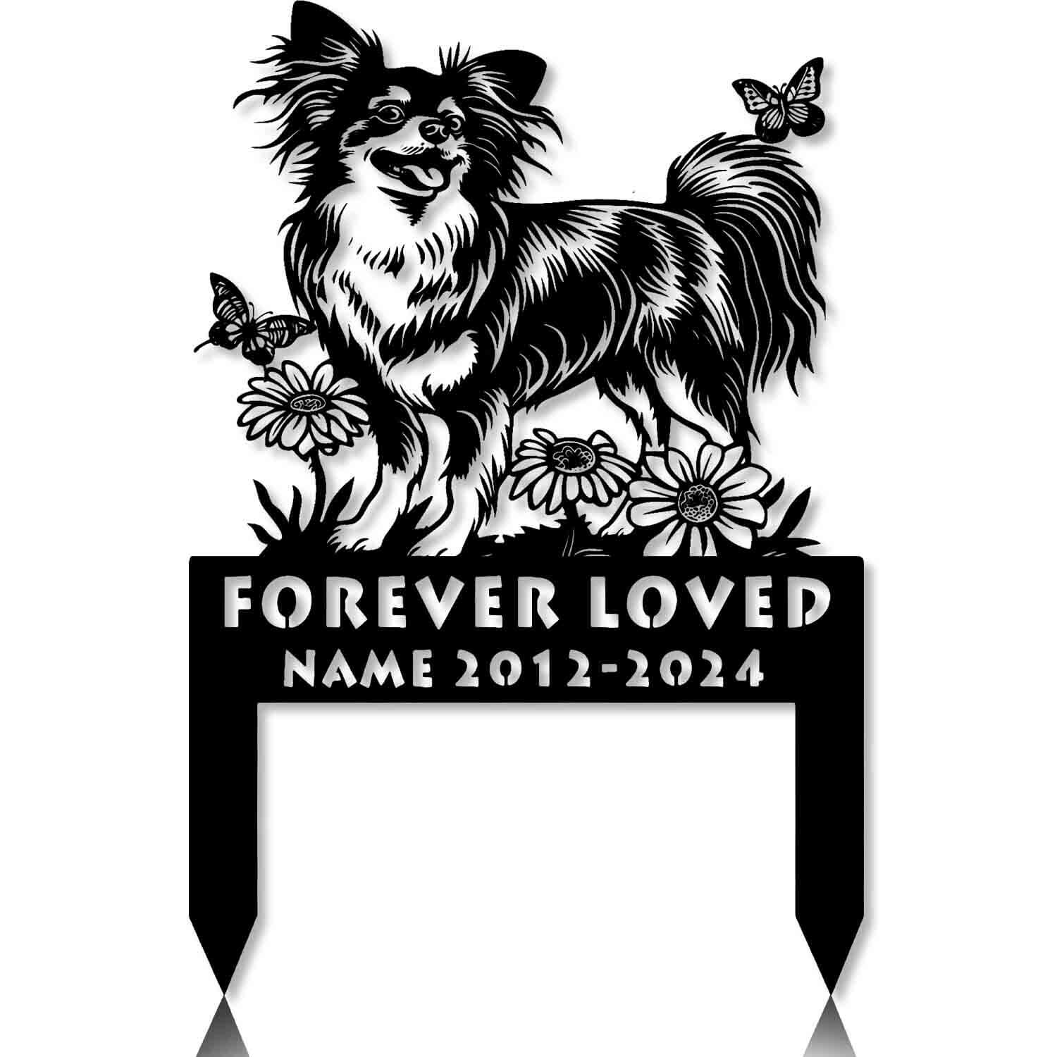 Custom powder-coated Papillon dog cemetery sign with butterfly and pet name