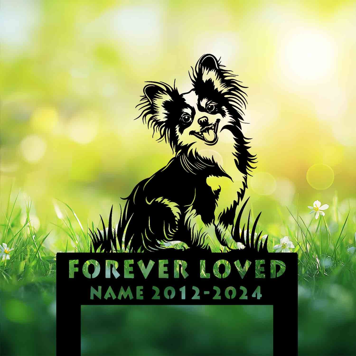 Custom Papillon pet loss tribute sign in weatherproof metal for outdoor gardens