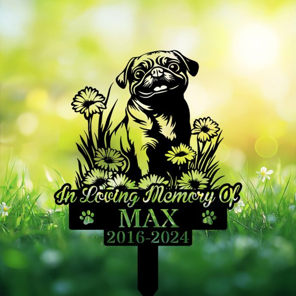 Personalized Pug Memorial Sign with waiting silhouette – pet tribute for yard or cemetery