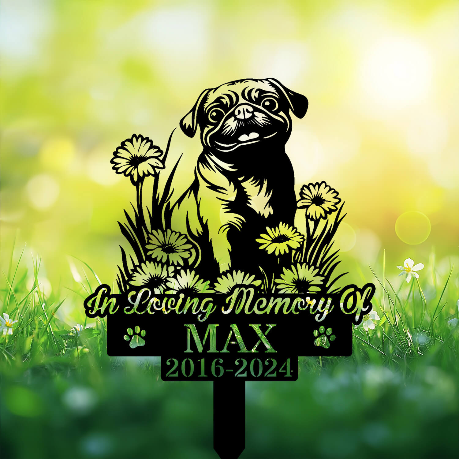 Personalized Pug Memorial Sign with waiting silhouette – pet tribute for yard or cemetery