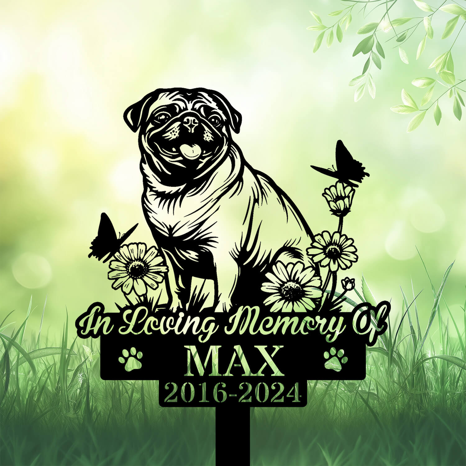 Personalized Pug Dog Happy Grave Marker – Smiling Pug Metal Memorial Stake by DINOZOZO