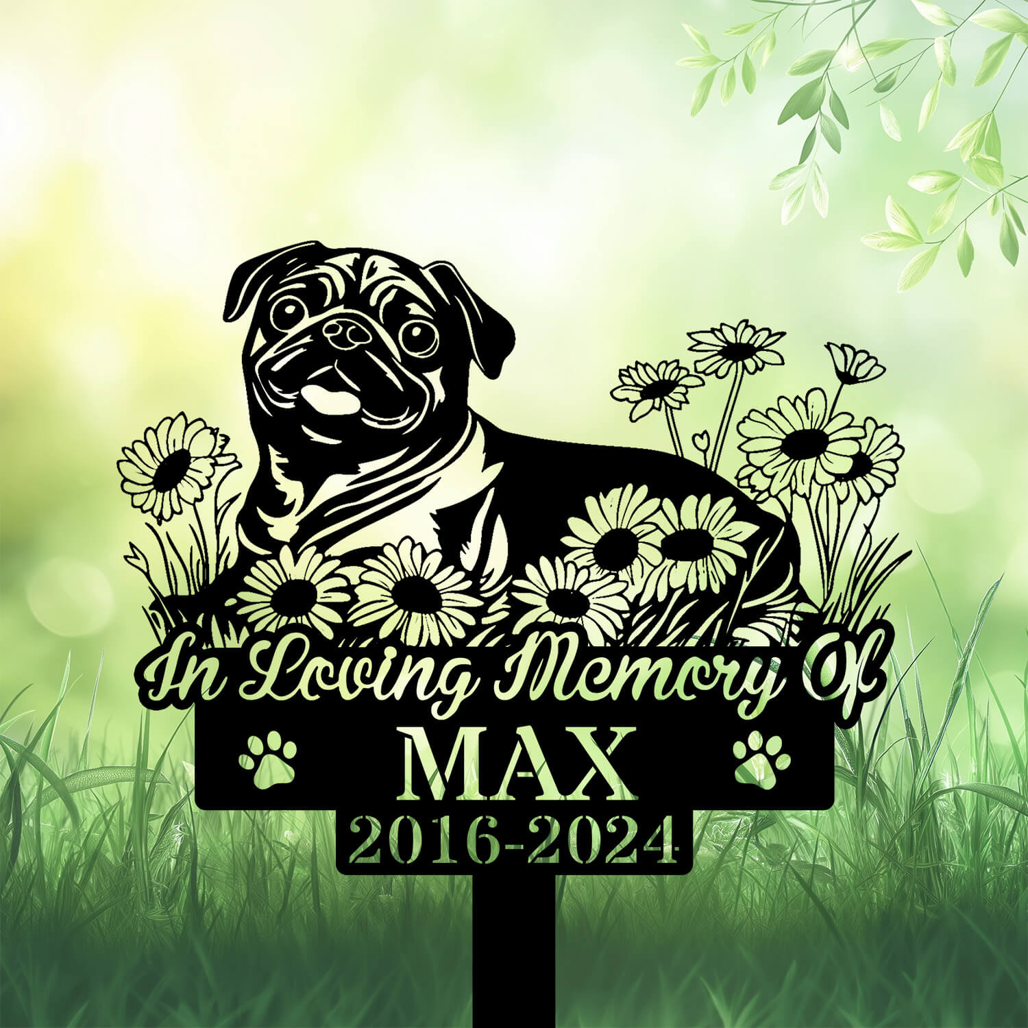Personalized Pug Dog Lying Grave Marker – Custom Metal Memorial Stake by DINOZOZO