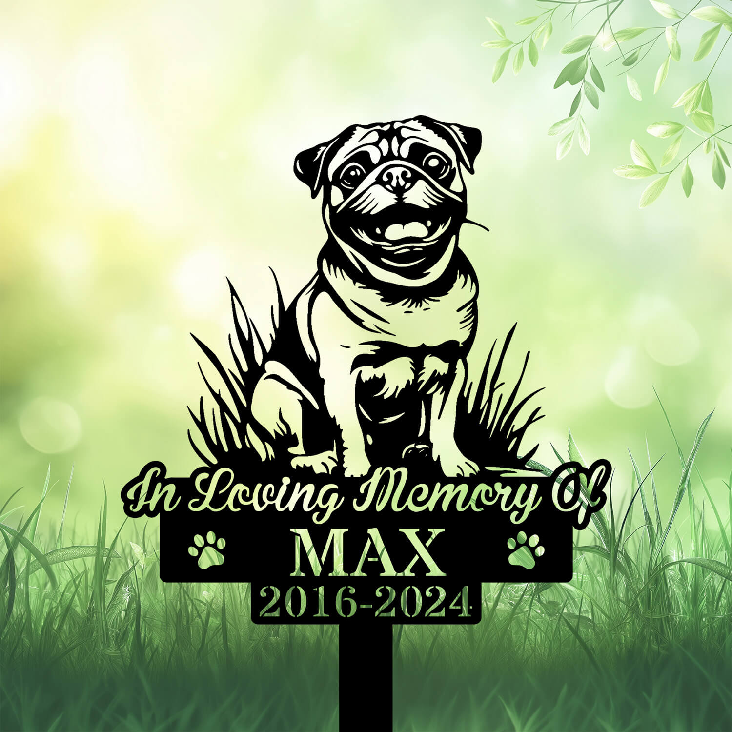 Close-up of Smiling Pug Dog Silhouette with Engraved Name – Pet Grave Decor