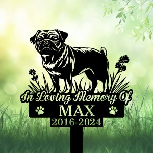 Personalized Pug Dog Standing Grave Marker – Custom Metal Garden Stake for Pet Loss Tribute | DINOZOZO