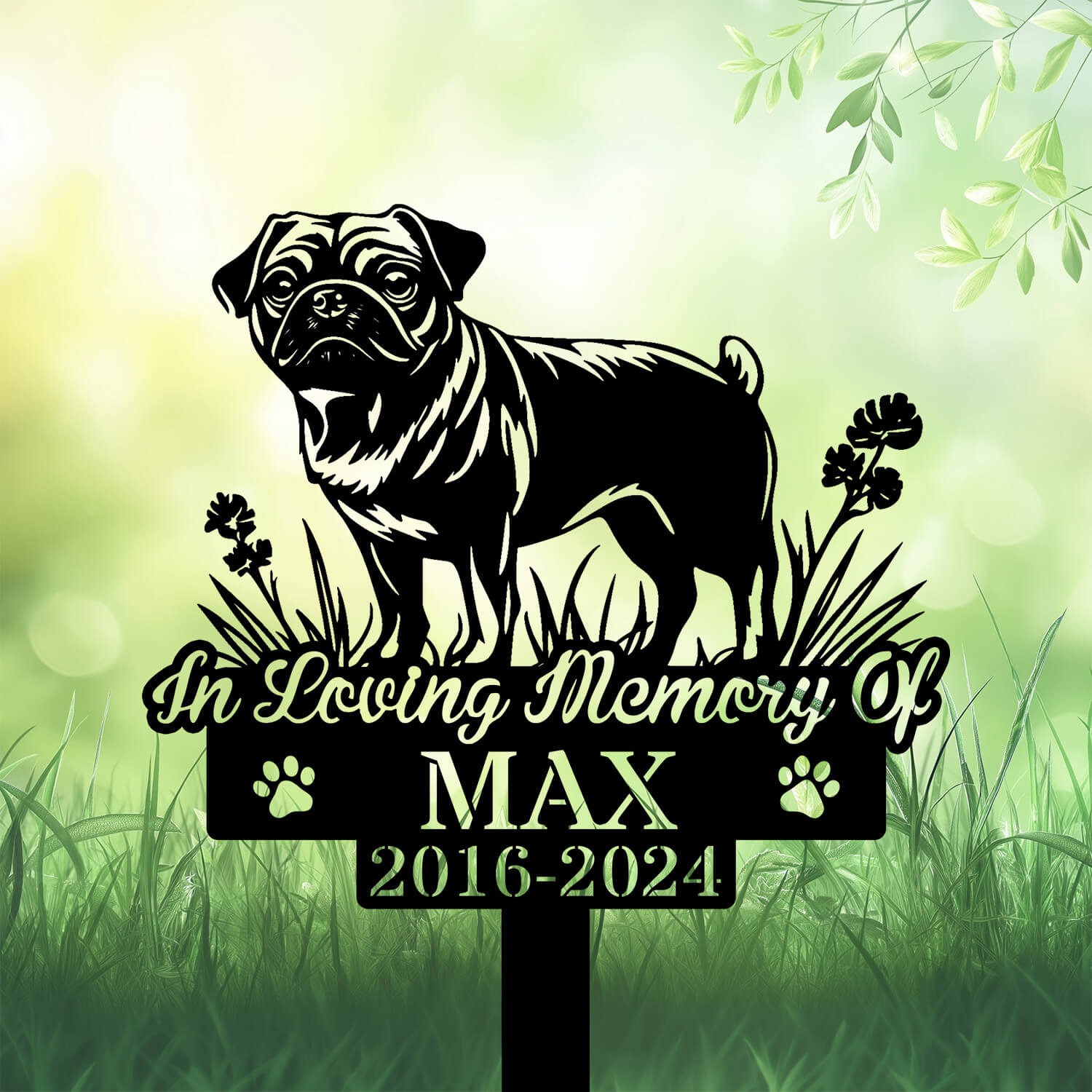 Personalized Pug Dog Standing Grave Marker – Custom Outdoor Pet Memorial by DINOZOZO