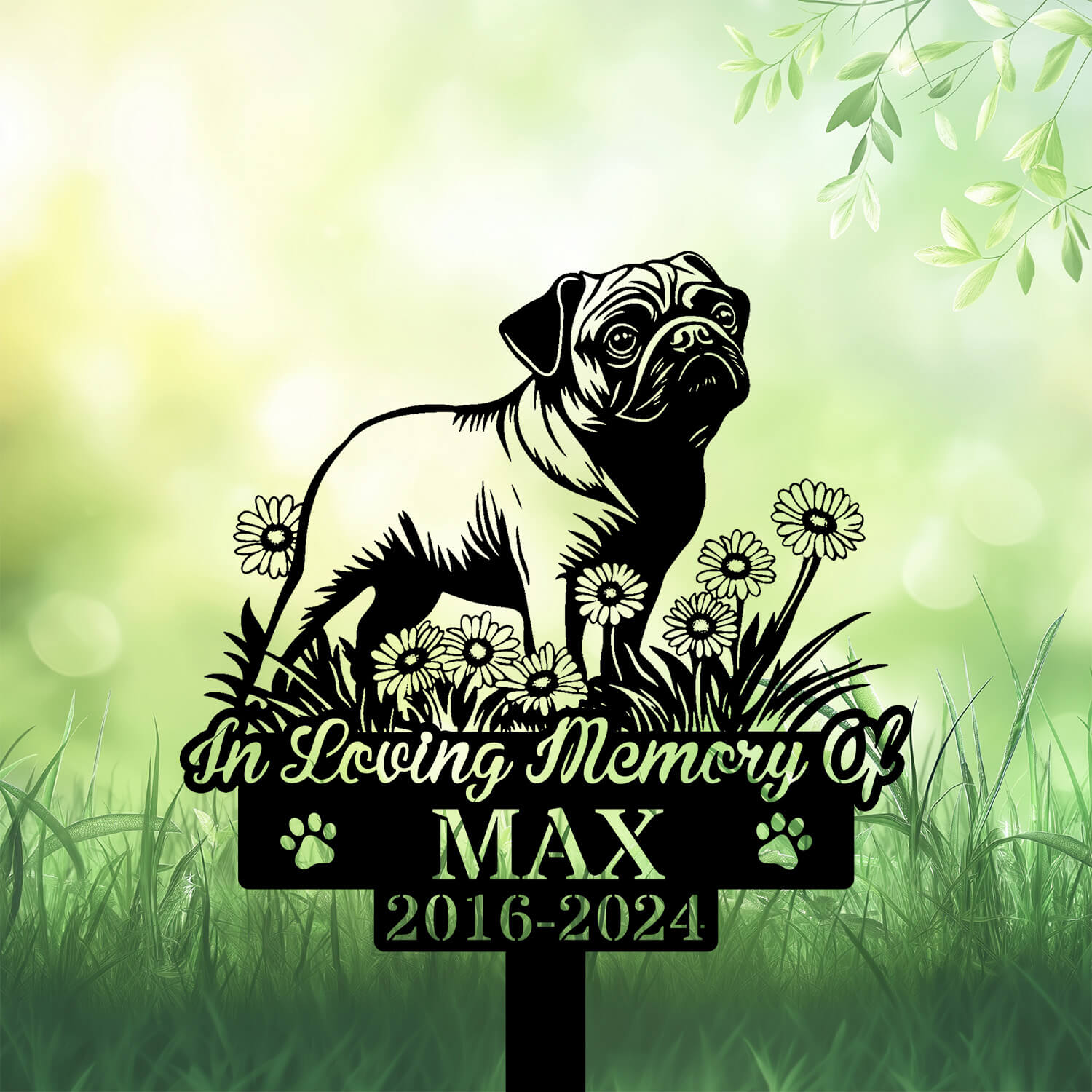 Personalized Pug Dog Grave Marker – Standing on Flower Design Metal Garden Stake