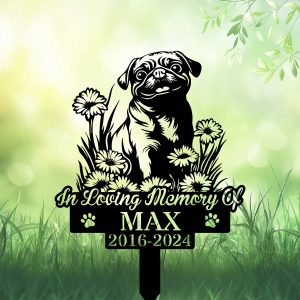 Personalized Pug Dog Waiting at the Door Grave Marker – Custom Metal Garden Stake for Pet Loss Tribute | DINOZOZO