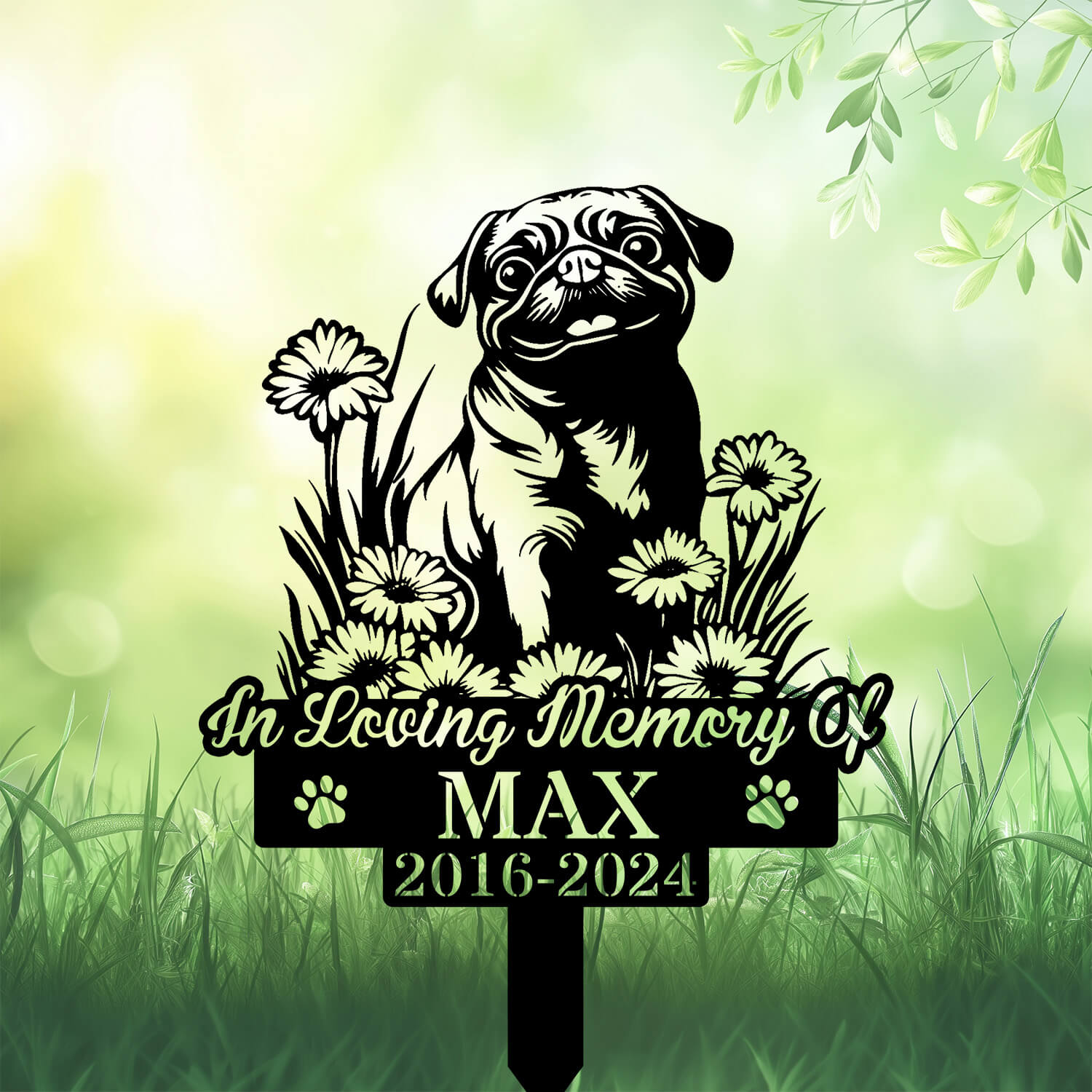 Pug Dog Waiting at the Door Grave Marker – Custom Metal Memorial Garden Stake by DINOZOZO