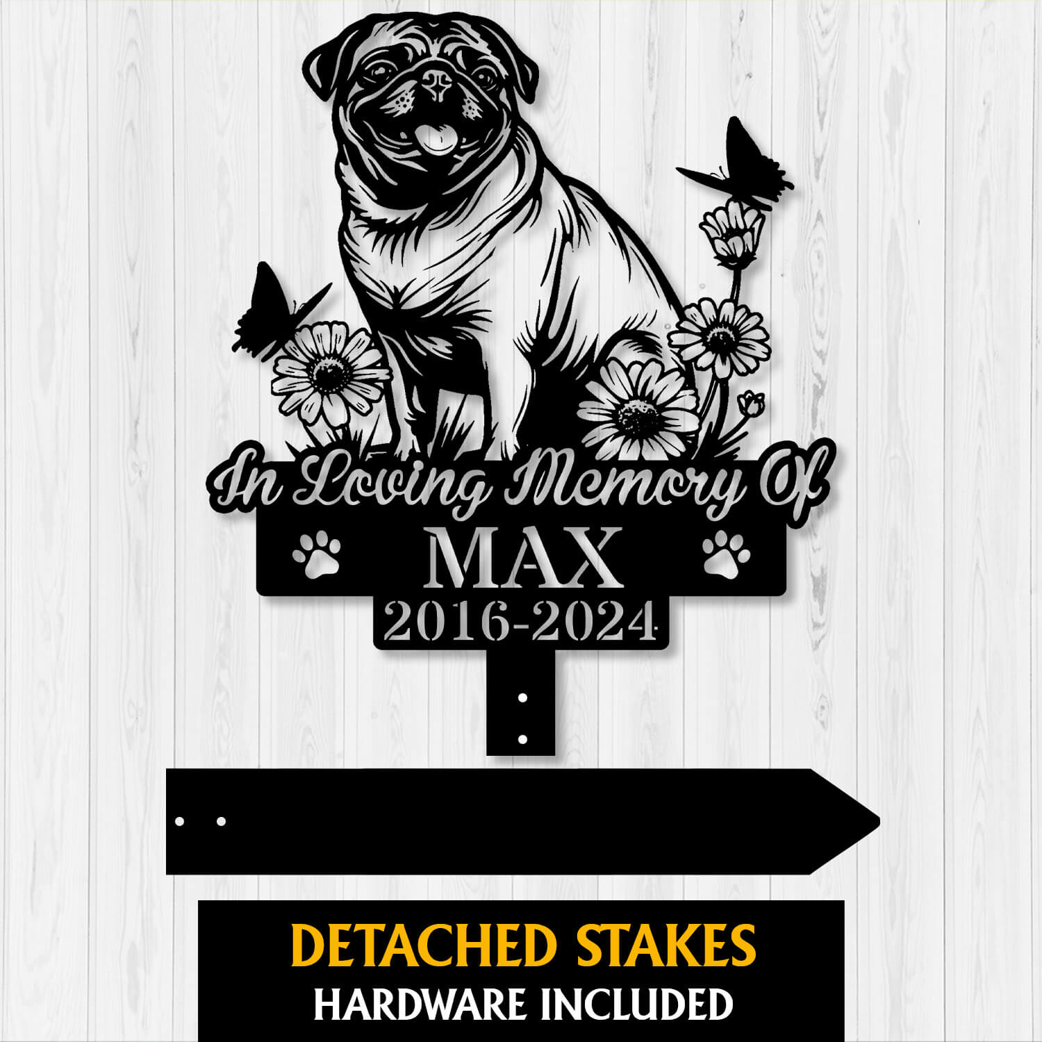Happy Pug Dog Grave Marker installed in garden flower bed – Custom Dog Remembrance Sign