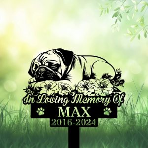 Personalized Pug Dog Grave Marker – Custom Sleeping Pug on Rose Garden Memorial Stake for Pet Loss | DINOZOZO