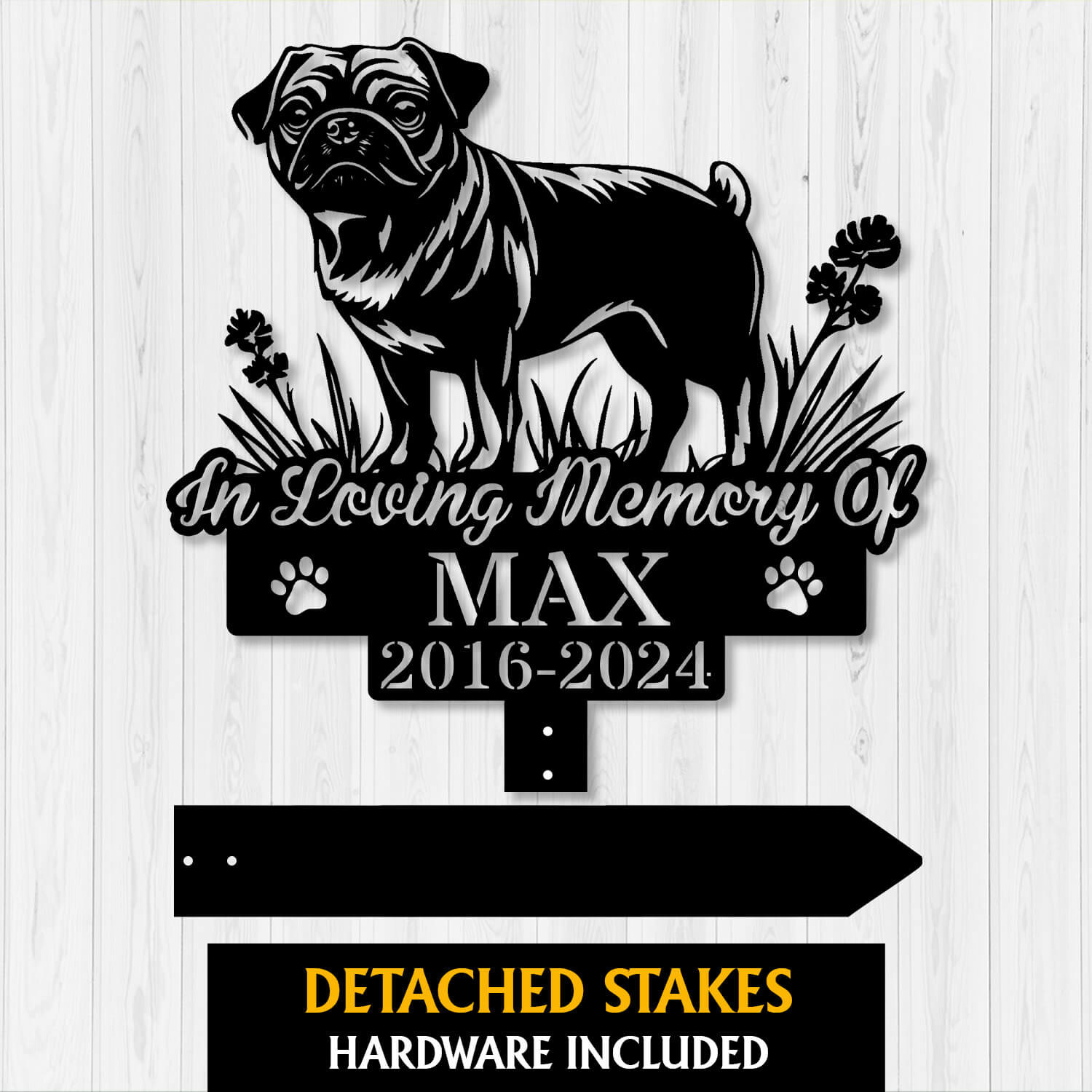 Pug Dog Grave Marker with standing silhouette – powder-coated black metal garden stake