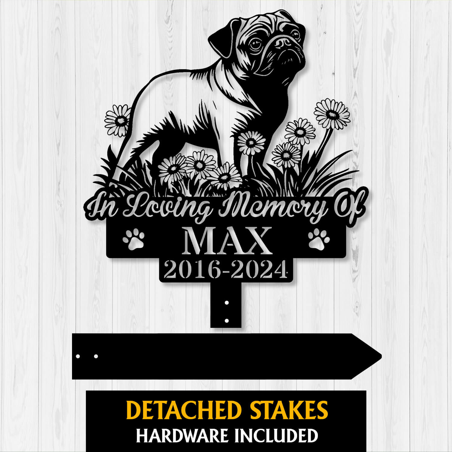 Outdoor Pug Memorial Stake with floral base – Custom Pet Grave Marker by DINOZOZO
