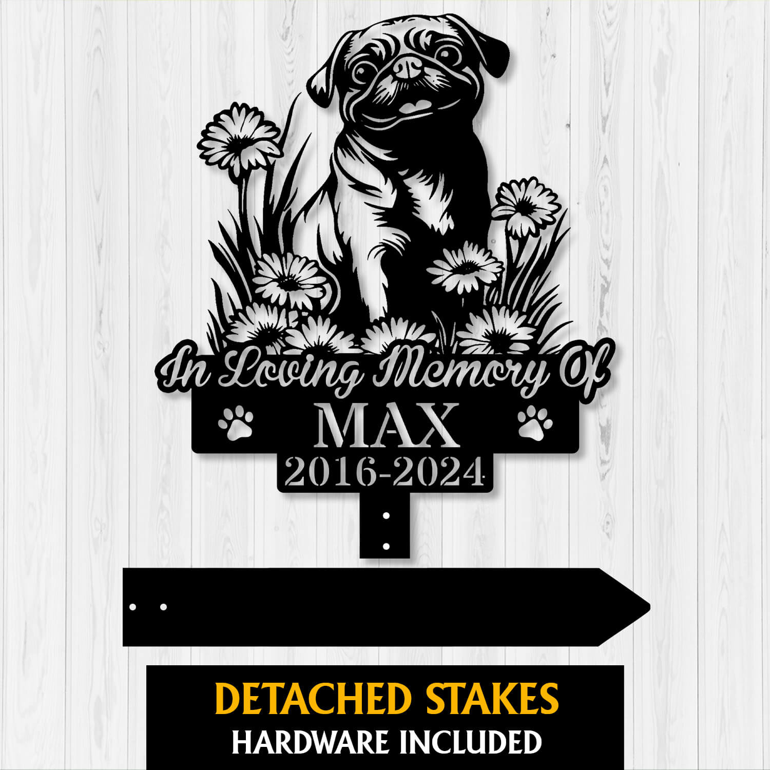 Custom “Waiting at the Door” grave marker for pug dog – engraved metal tribute
