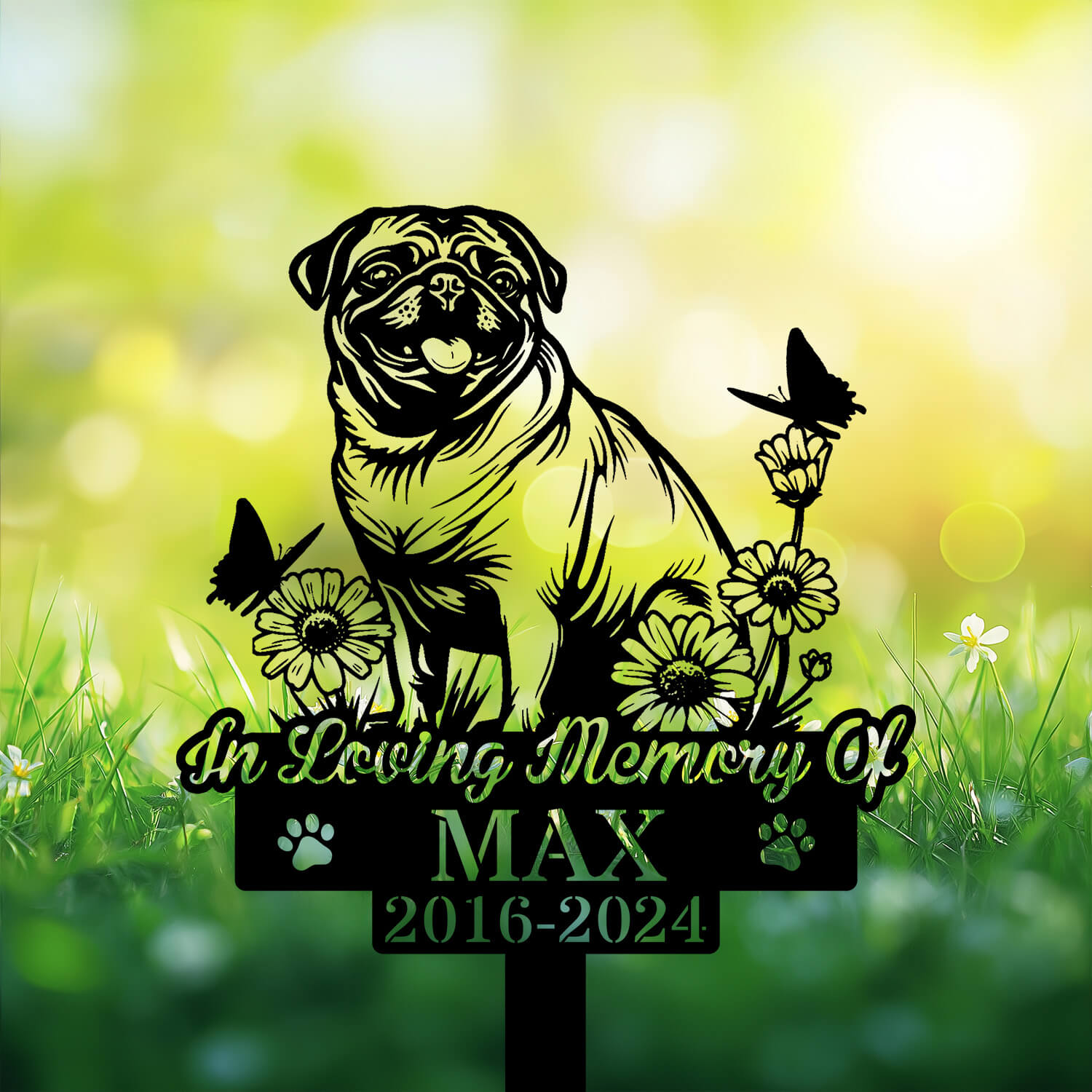 Custom Pug Grave Stake – smiling face design with engraved name and dates