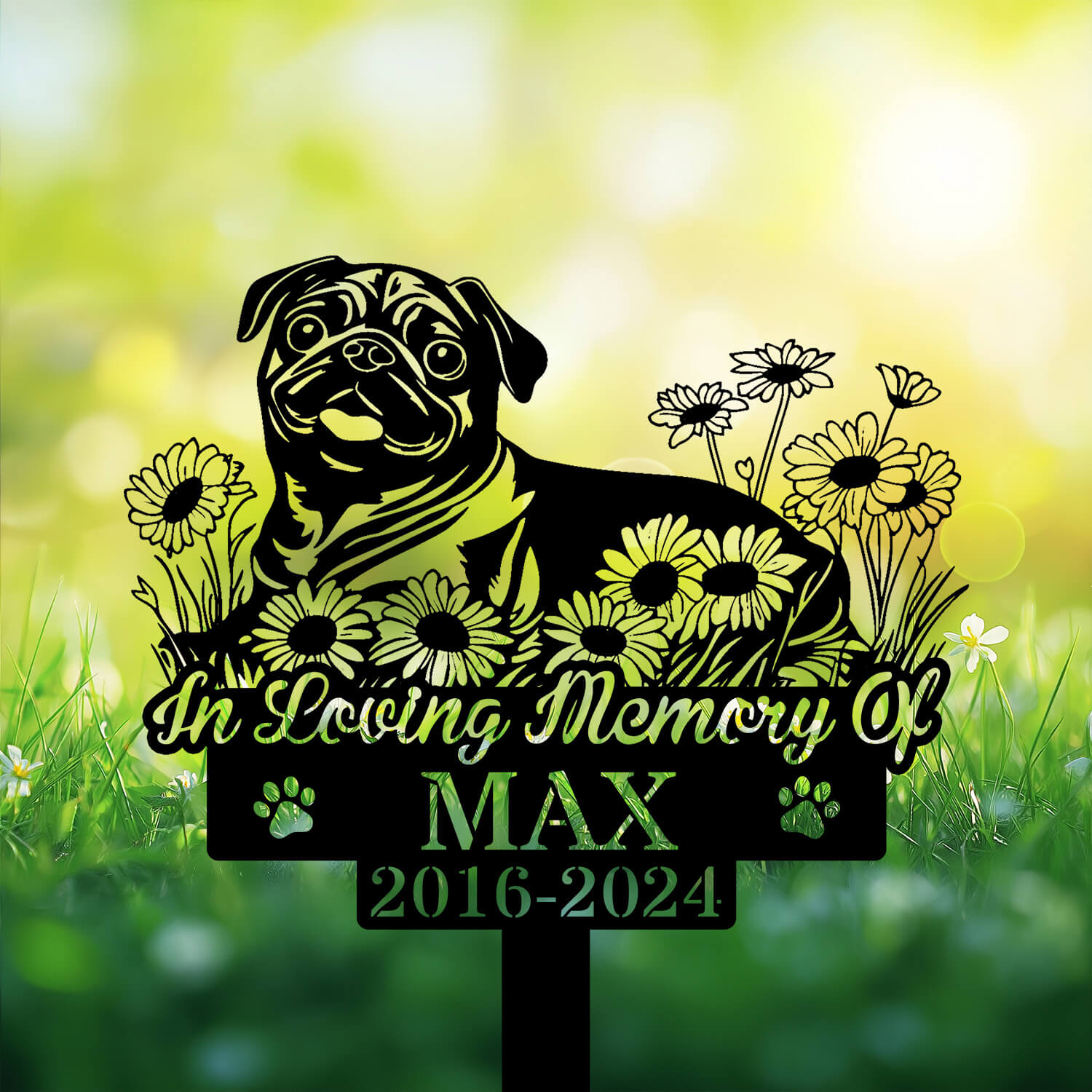 Pug Grave Marker with dog silhouette lying peacefully – custom cemetery decor