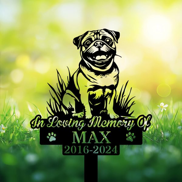Personalized Pug Dog Smiling Grave Marker – Custom Metal Pet Memorial by DINOZOZO