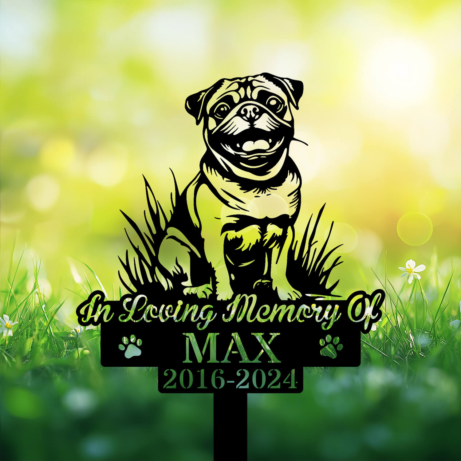 Personalized Pug Dog Smiling Grave Marker – Custom Metal Pet Memorial by DINOZOZO