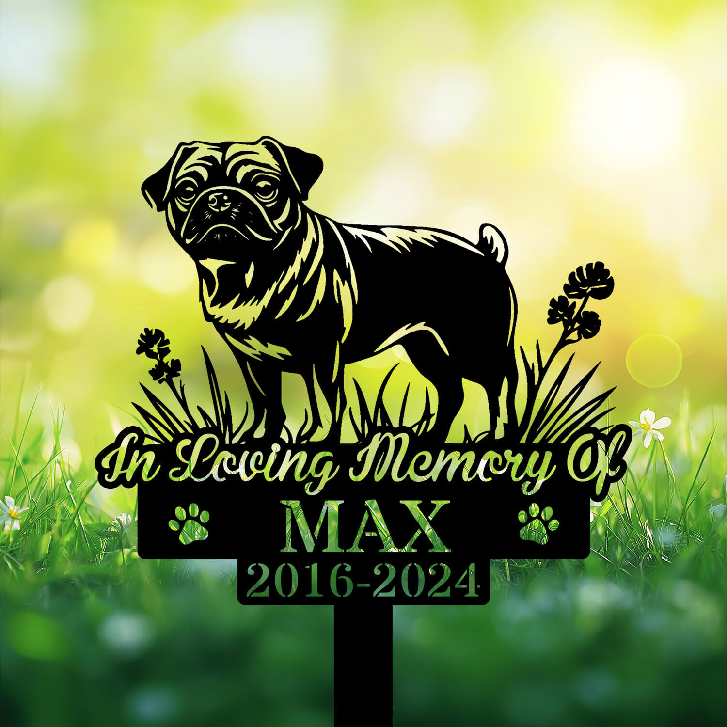 Pug Dog Garden Stake in silver finish – installed at pet cemetery with floral decor
