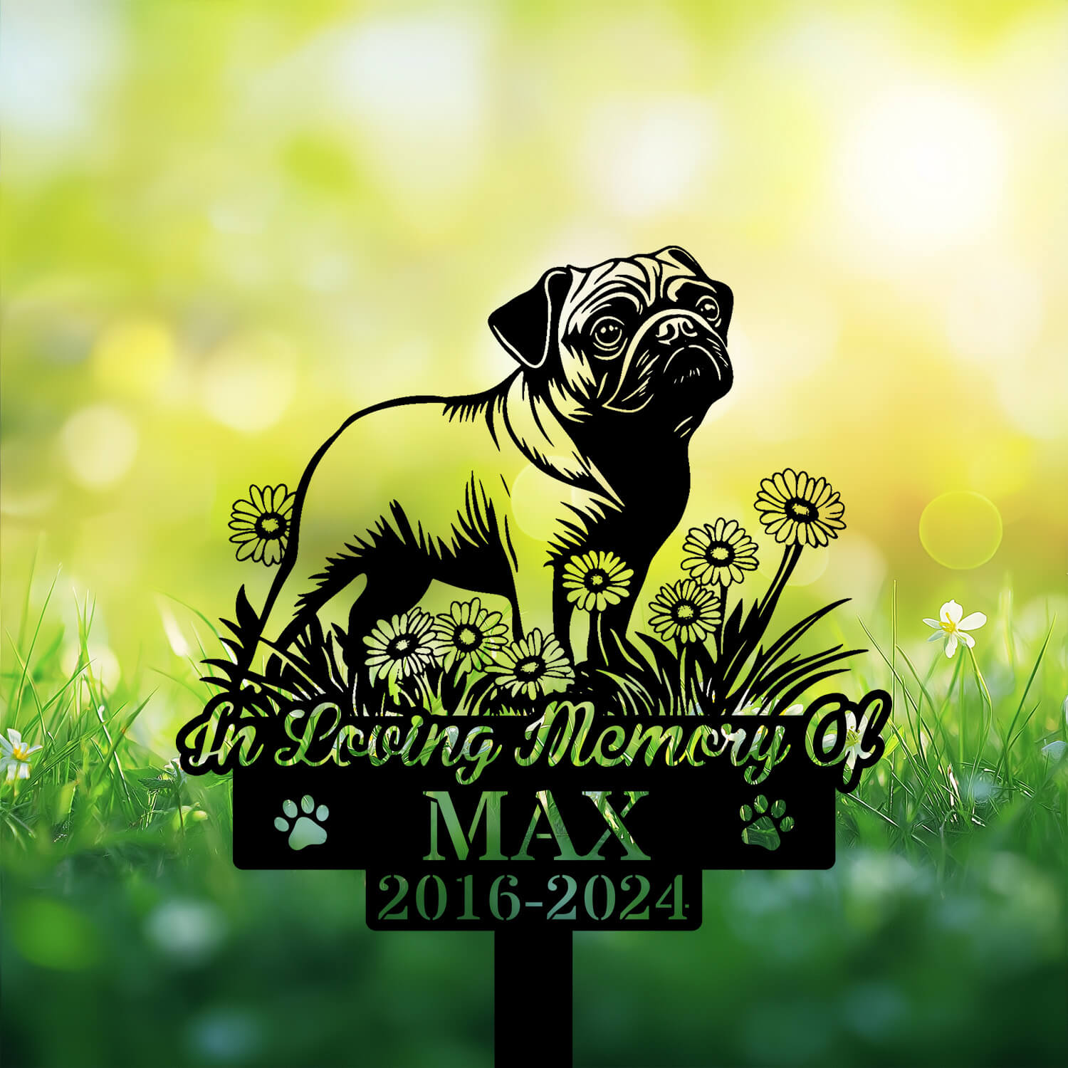 Close-up of Pug Dog silhouette with flower detail and custom name engraving