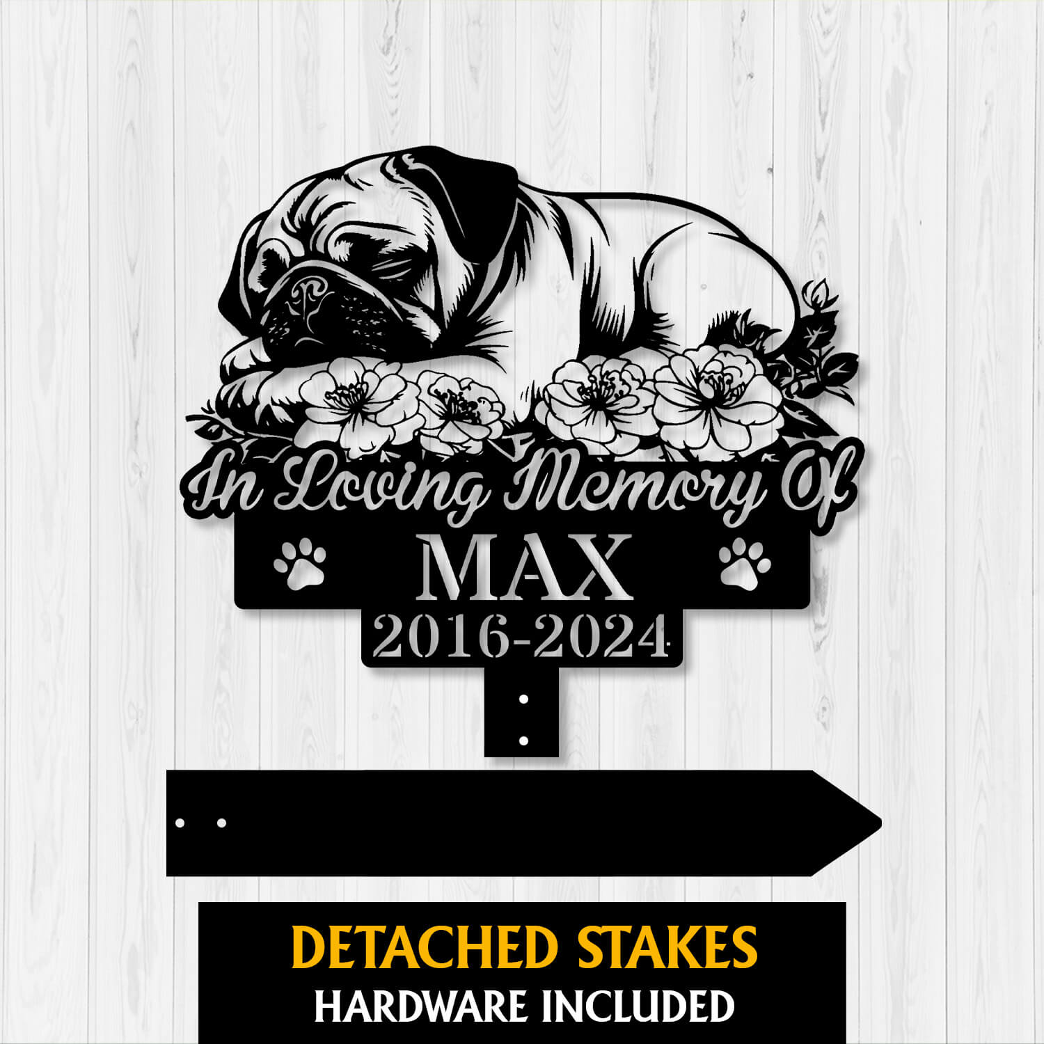 Custom Pug Memorial Garden Stake with Sleeping Dog and Rose Flowers