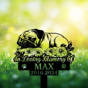 Personalized Pug Dog Grave Marker – Custom Sleeping Pug on Rose Garden Memorial Stake for Pet Loss | DINOZOZO