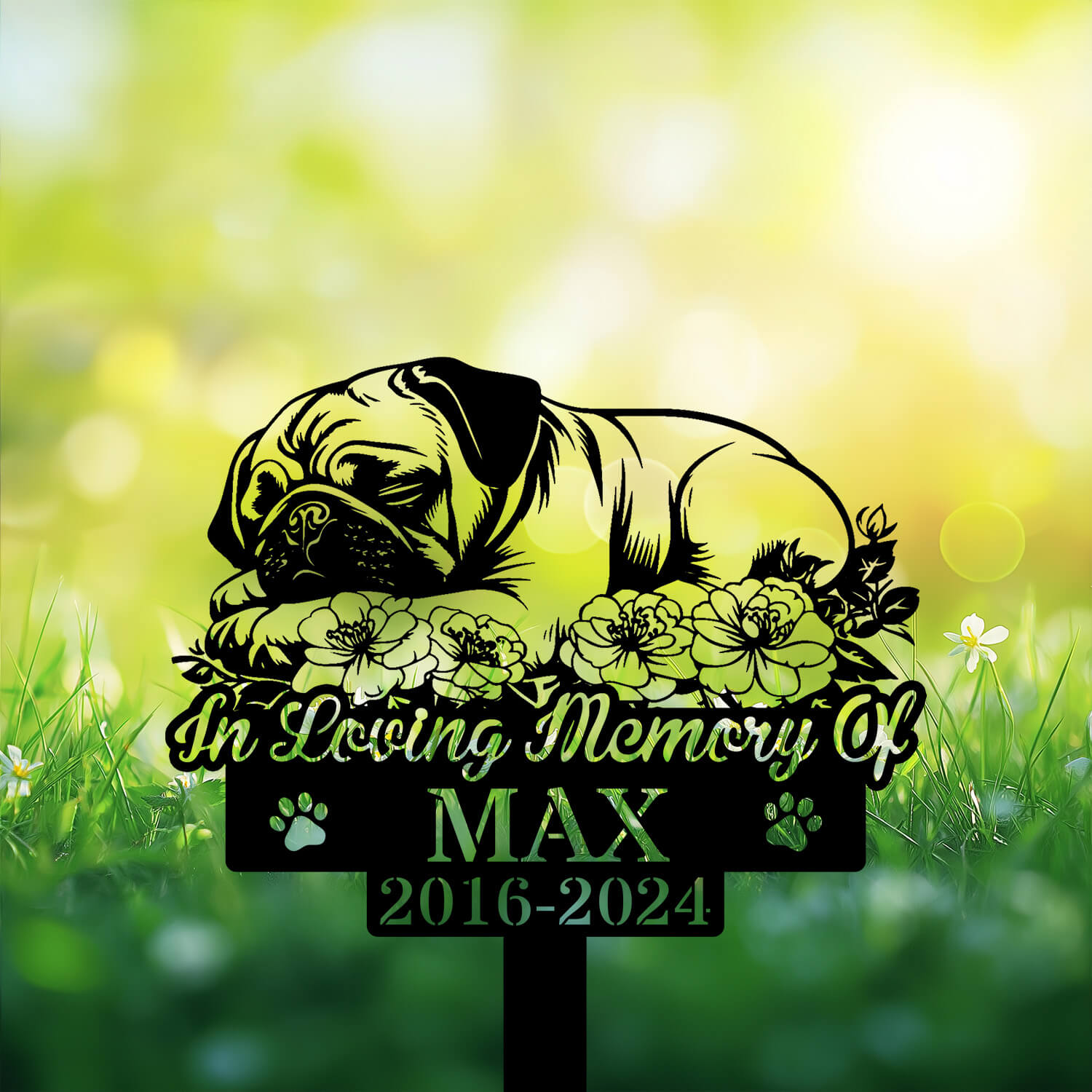 Personalized Pug Dog Grave Marker – Sleeping Pug on Roses Design by DINOZOZO