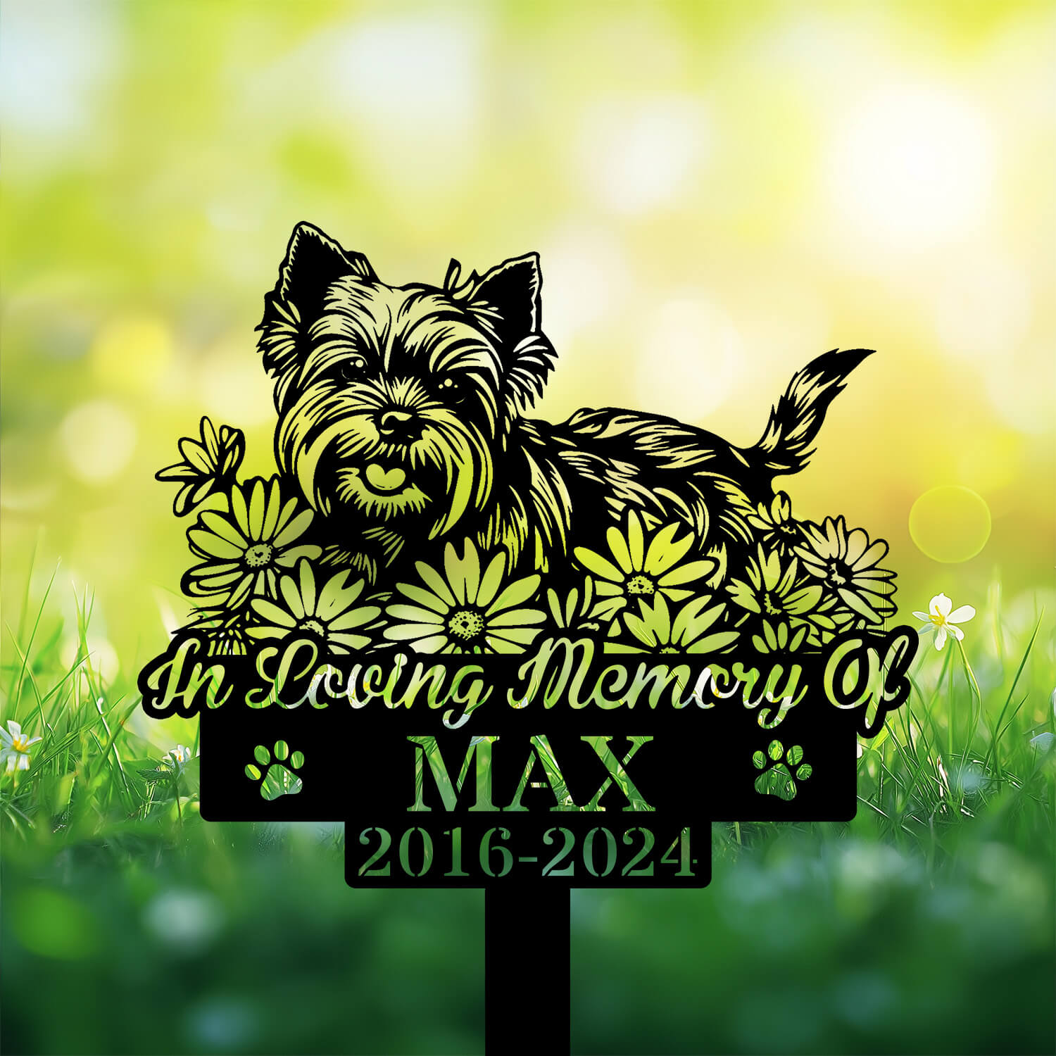 Yorkshire Terrier Grave Marker displayed in garden – black powder-coated metal sign