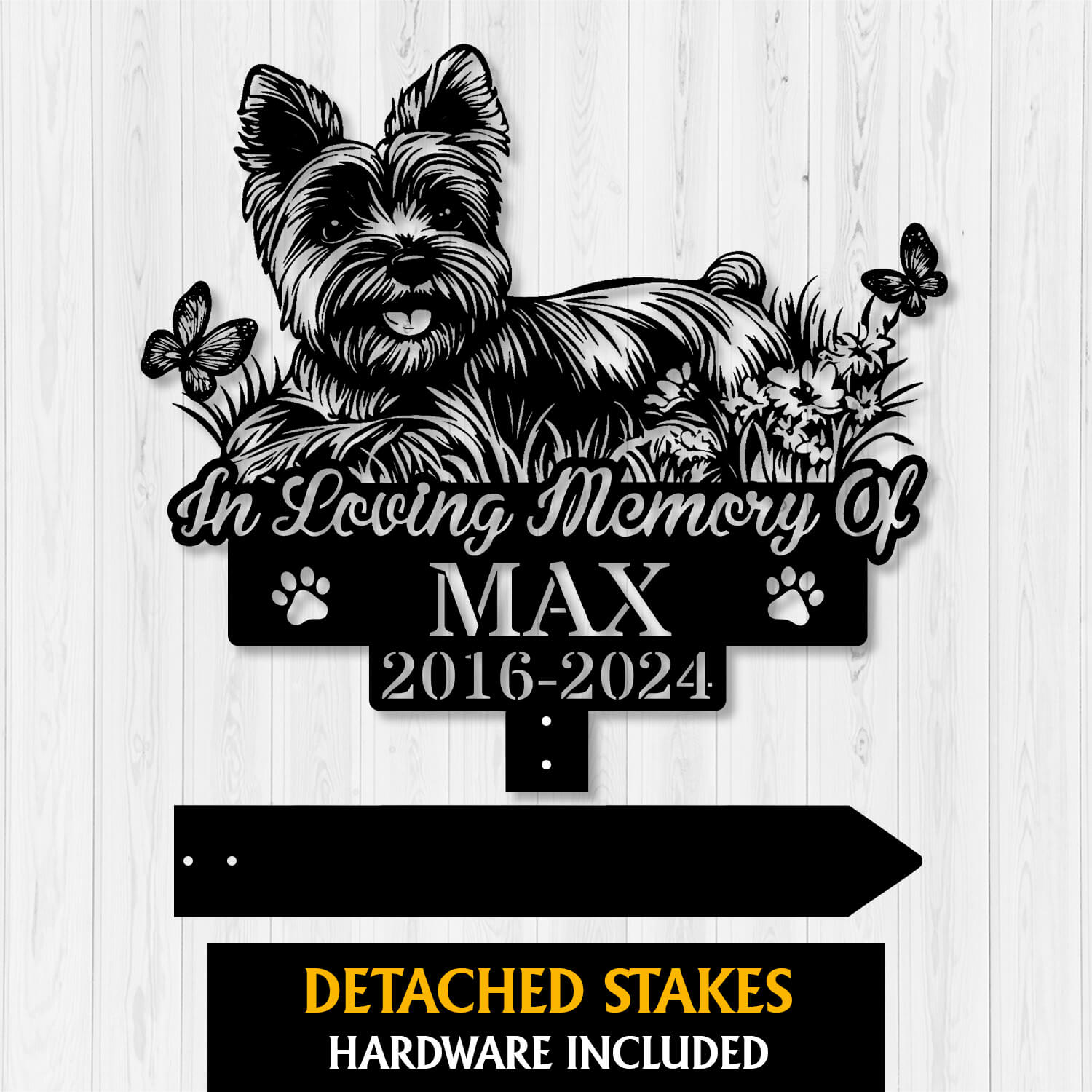 Custom Yorkshire Terrier Grave Marker – butterfly resting on dog silhouette in floral setting