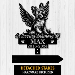 Personalized Yorkshire Terrier Grave Marker – Angel Yorkie Sitting Memorial Stake for Garden or Cemetery | DINOZOZO