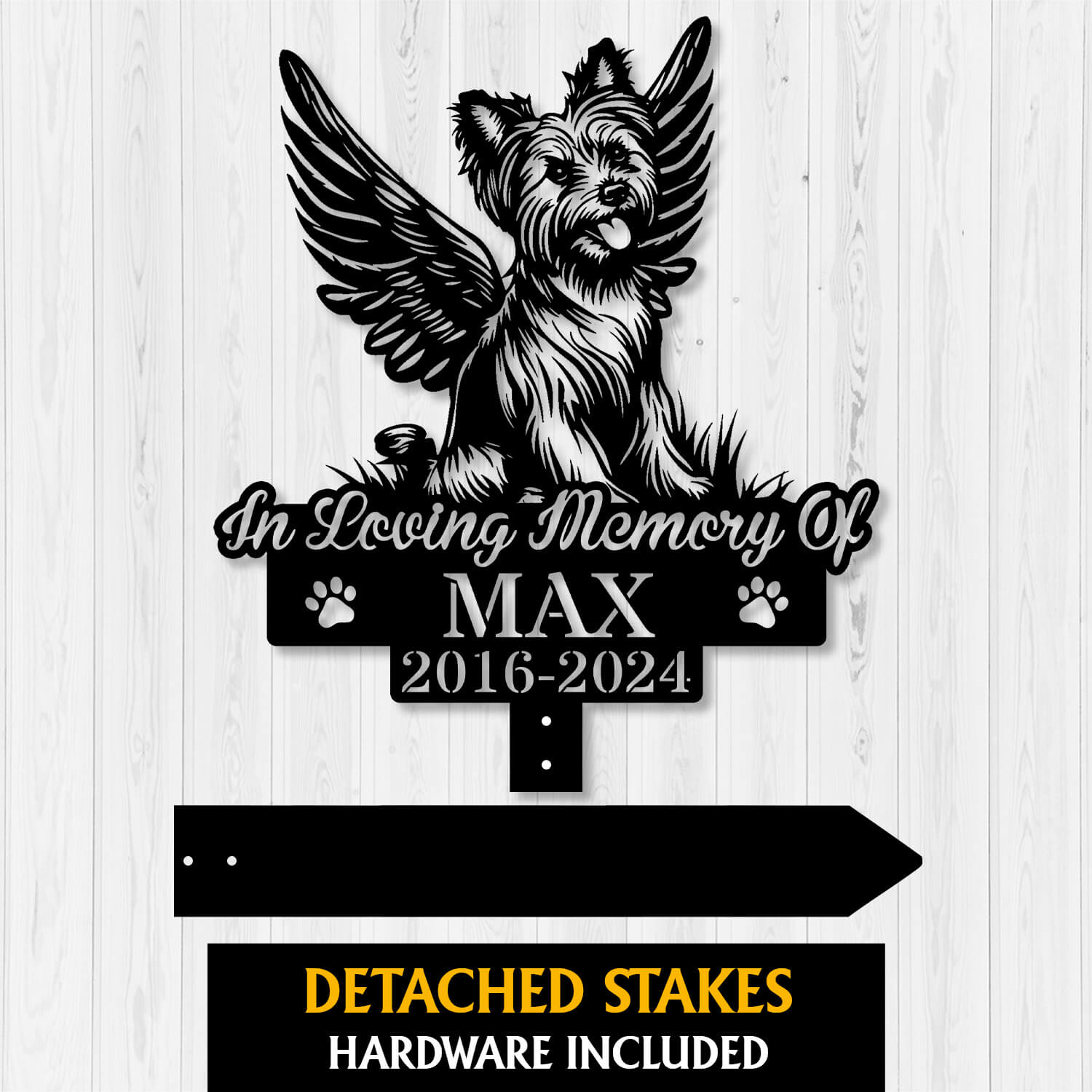 Close-up of engraved Yorkie silhouette with angel wings – custom dog memorial sign