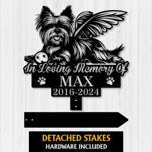 Personalized Yorkshire Terrier Grave Marker – Custom Angel Dog Memorial Stake with Ball for Pet Loss Tribute | DINOZOZO
