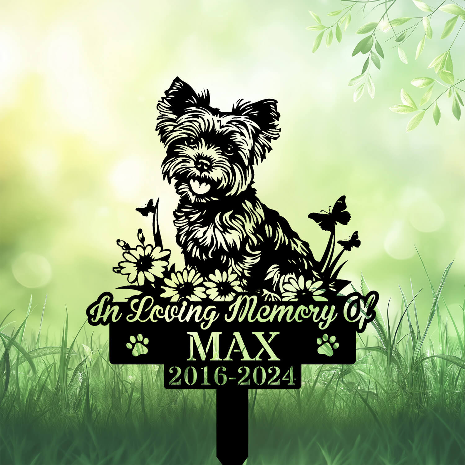 Custom Yorkshire Terrier Dog Cemetery Stake in peaceful flower garden – pet remembrance decor
