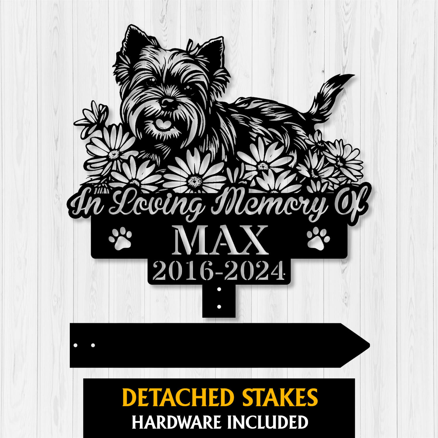 Laser-cut Lying Yorkie silhouette grave marker with custom engraving and paw prints