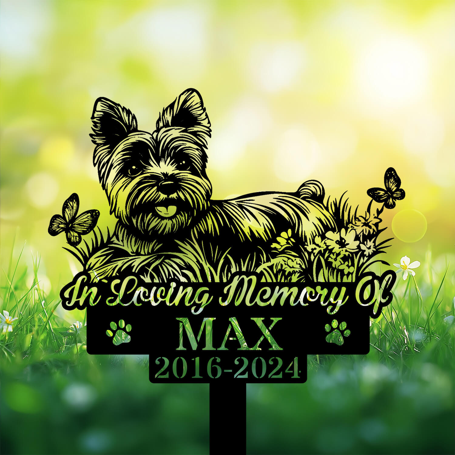 Laser-cut Yorkshire Terrier with butterfly detail – pet cemetery decor