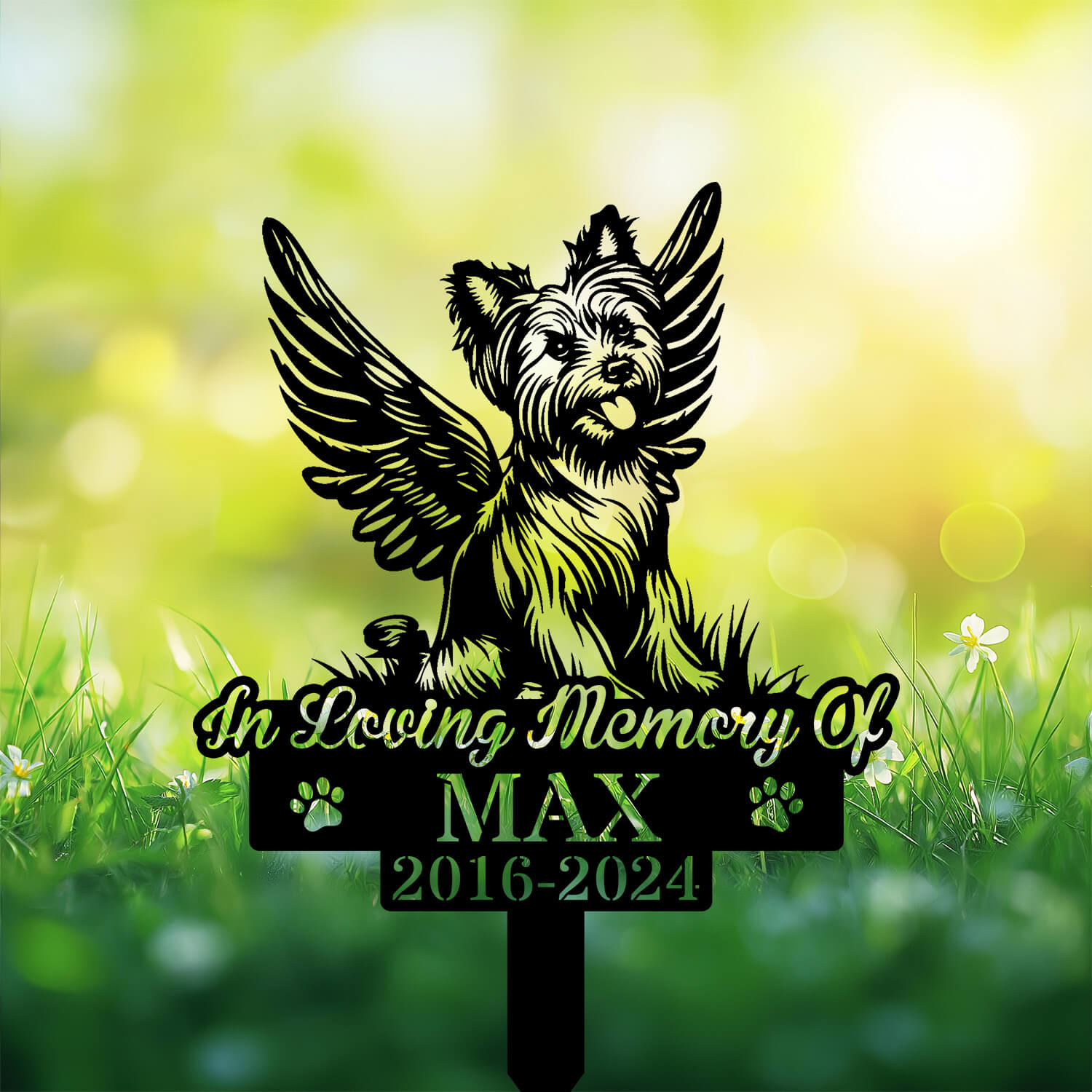 Angel Yorkshire Terrier Grave Stake in black finish – displayed in pet cemetery garden