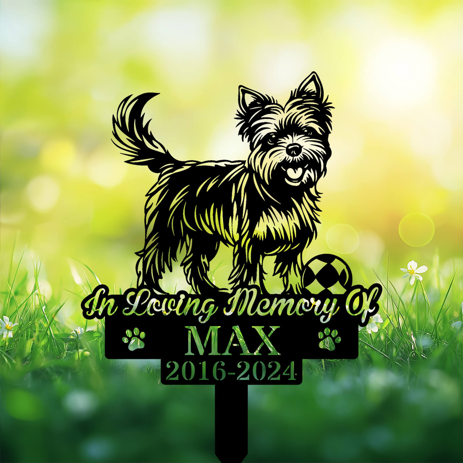 Playful Yorkie Dog Grave Marker displayed in garden setting – pet loss tribute
