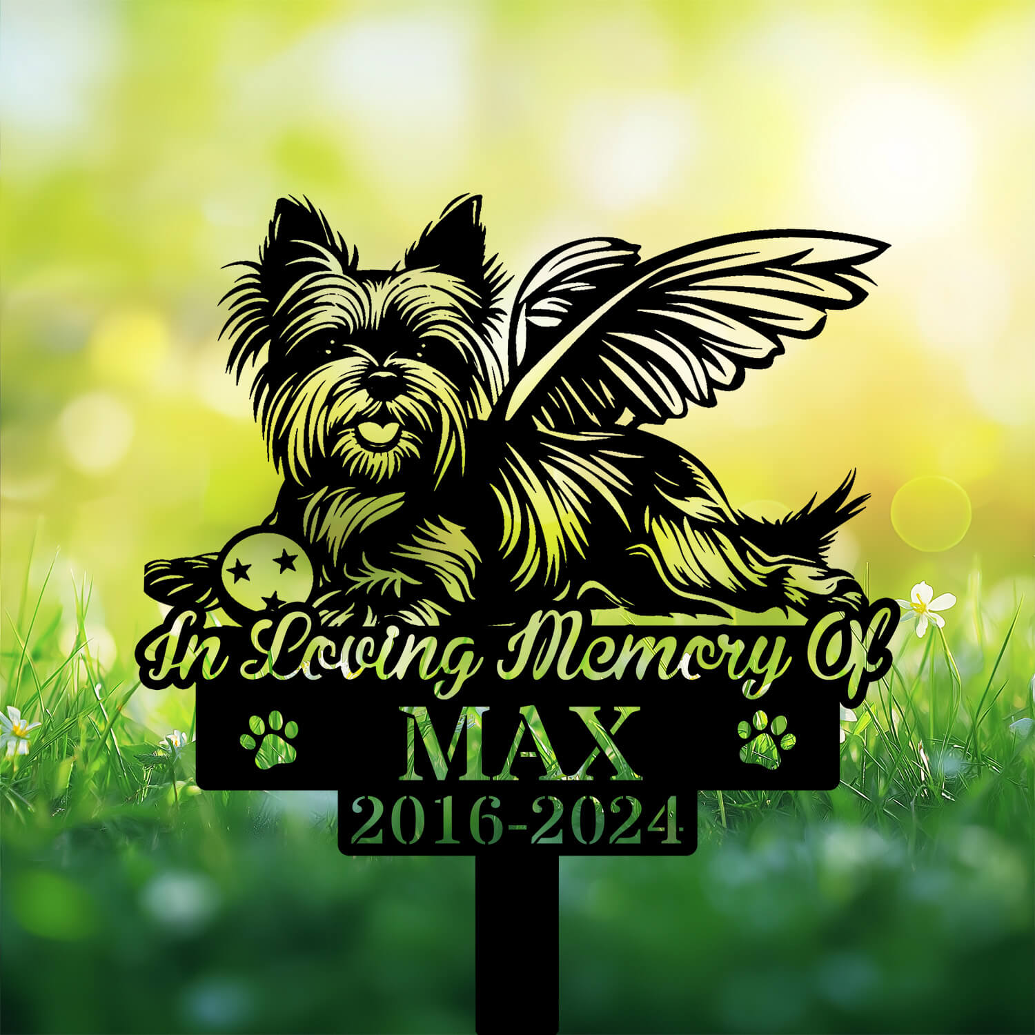 Custom Yorkie Grave Marker featuring playful angel and ball – outdoor tribute
